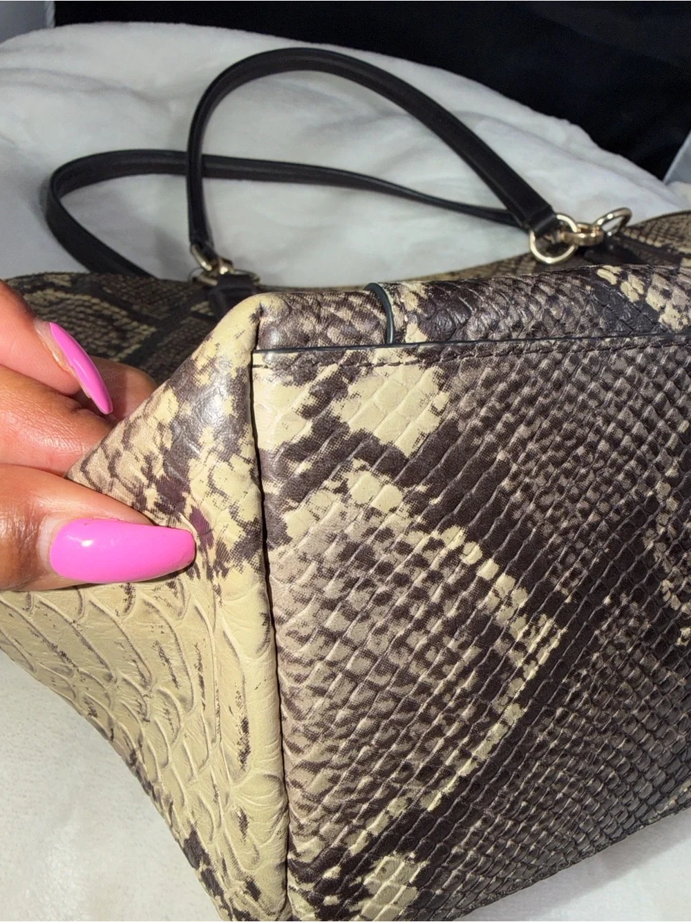 Coach Snake Print Satchel Handbag Brown Tan Leather Trim Gold Hardware